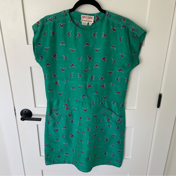 Vintage 80s Maggy London Silk Green Geometric Pattern Dress - Picture 1 of 7